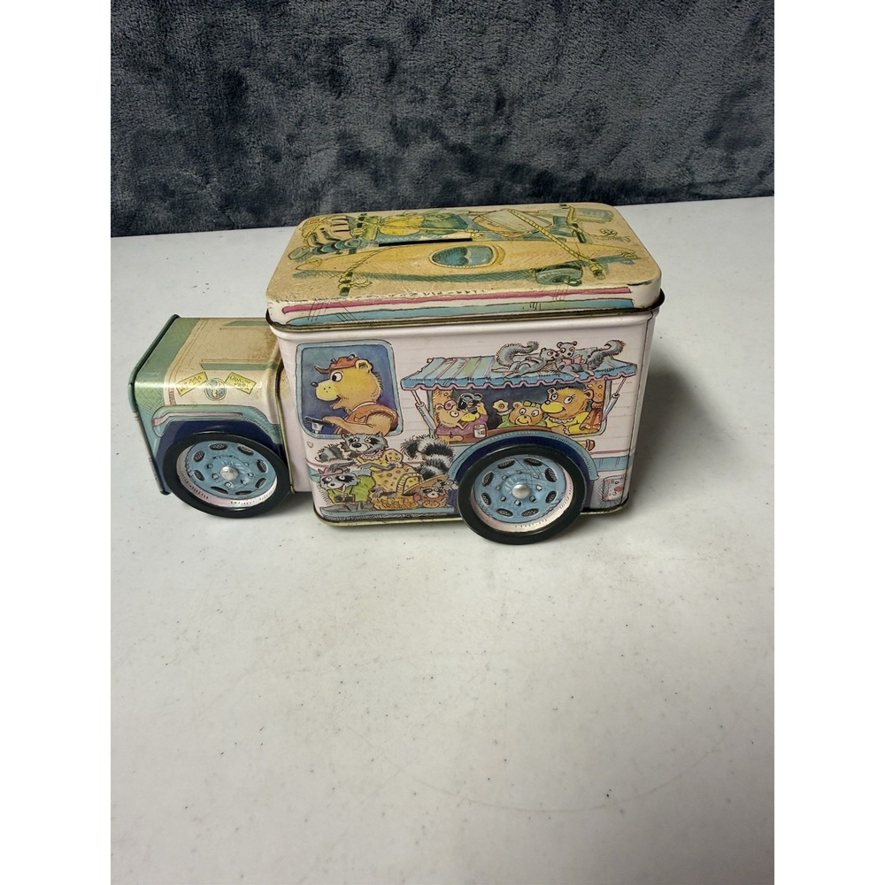 Vintage 1990's Children's Tin Truck Bank and Camping Bear Tin Can - Collectible